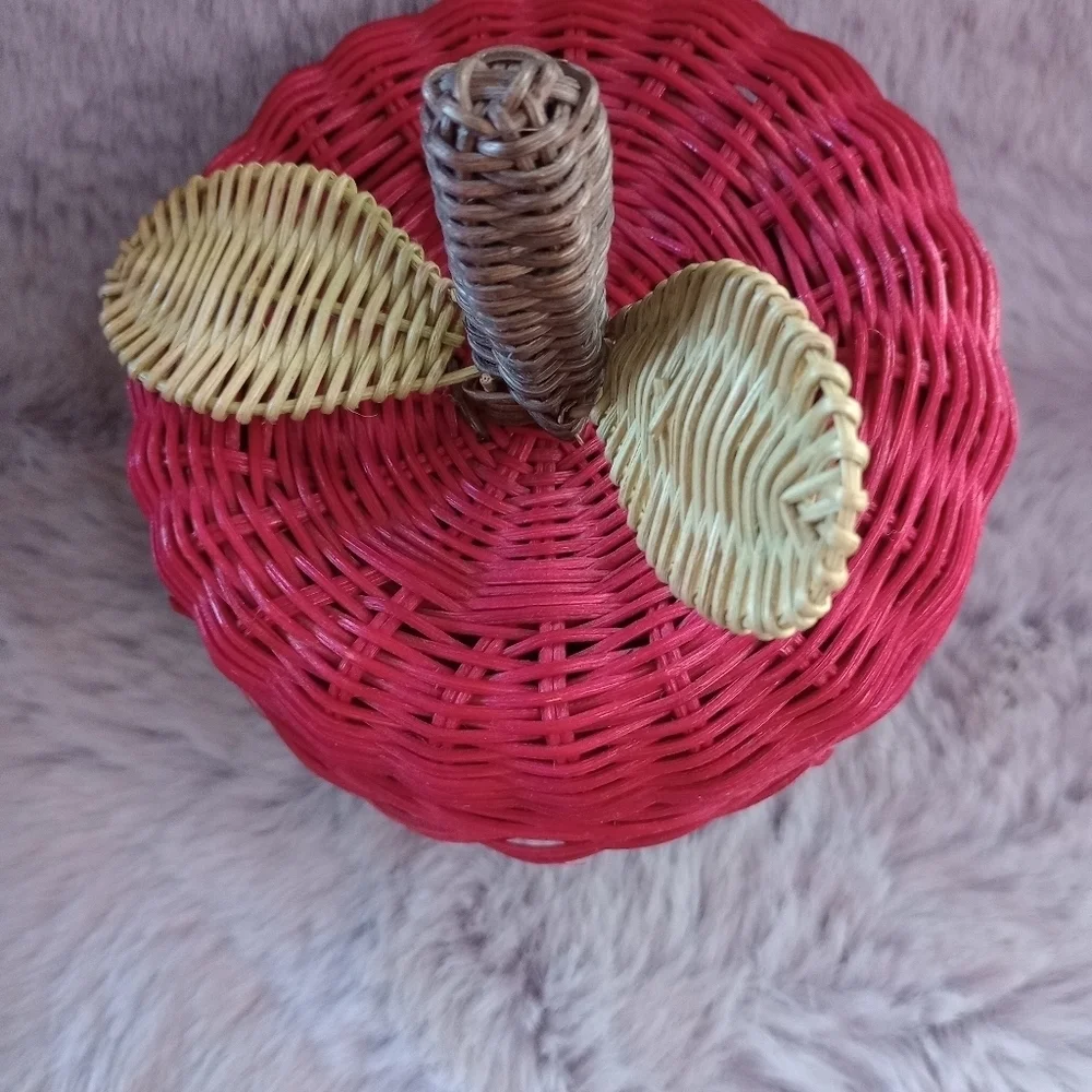 Vintage Red Green Wicker Apple Storage Container Attached Lid